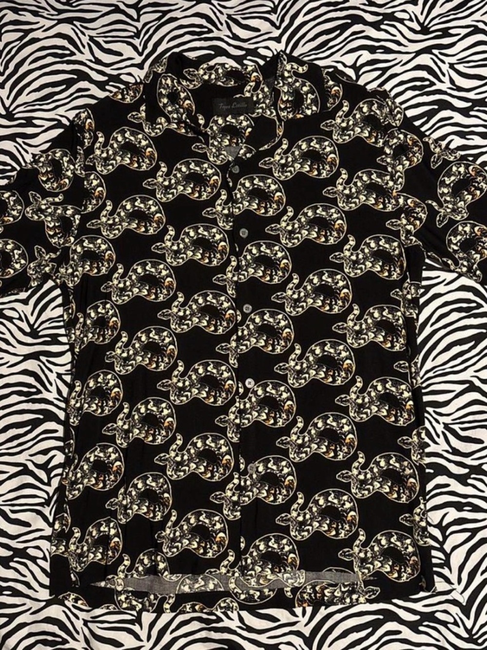 Black Short-Sleeve Button-Up Shirt with Gold Snakes
